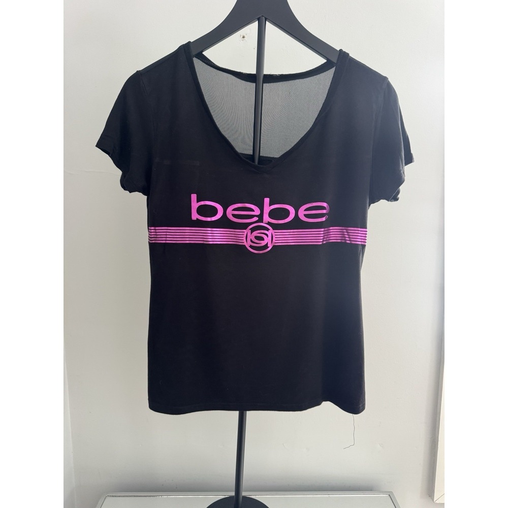 Bebe‎ Womens Small Black Pink Logo Graphic Tee Y2K Mesh Back Stretch Top